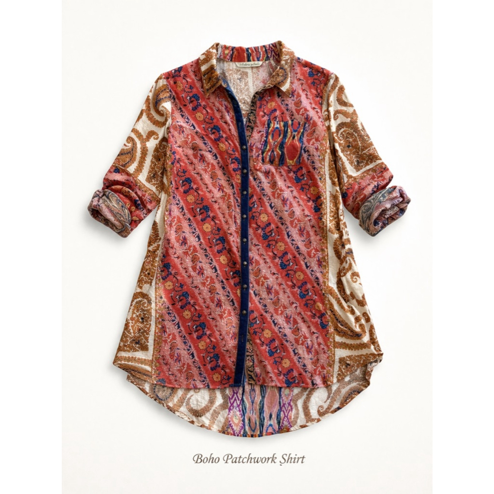 Soft Surroundings Boho Patchwork Tunic Top | Mixed Print Button Front | Size M